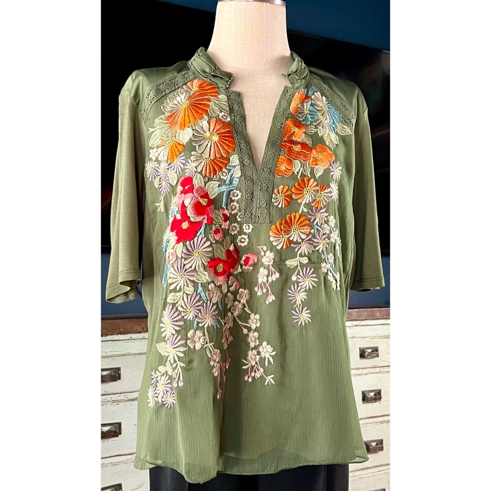 Anthropologie Olive Green Embroidered Floral Top